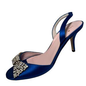 New KATE SPADE Womens Blue Jeweled Bow Satin Slingback Heels Sandals Size 8 B